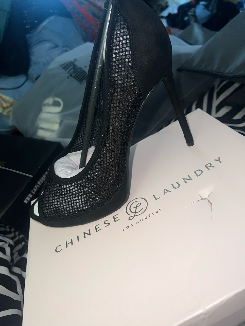 Chinese Laundry Black Mesh Peep-Toe Stiletto Heel